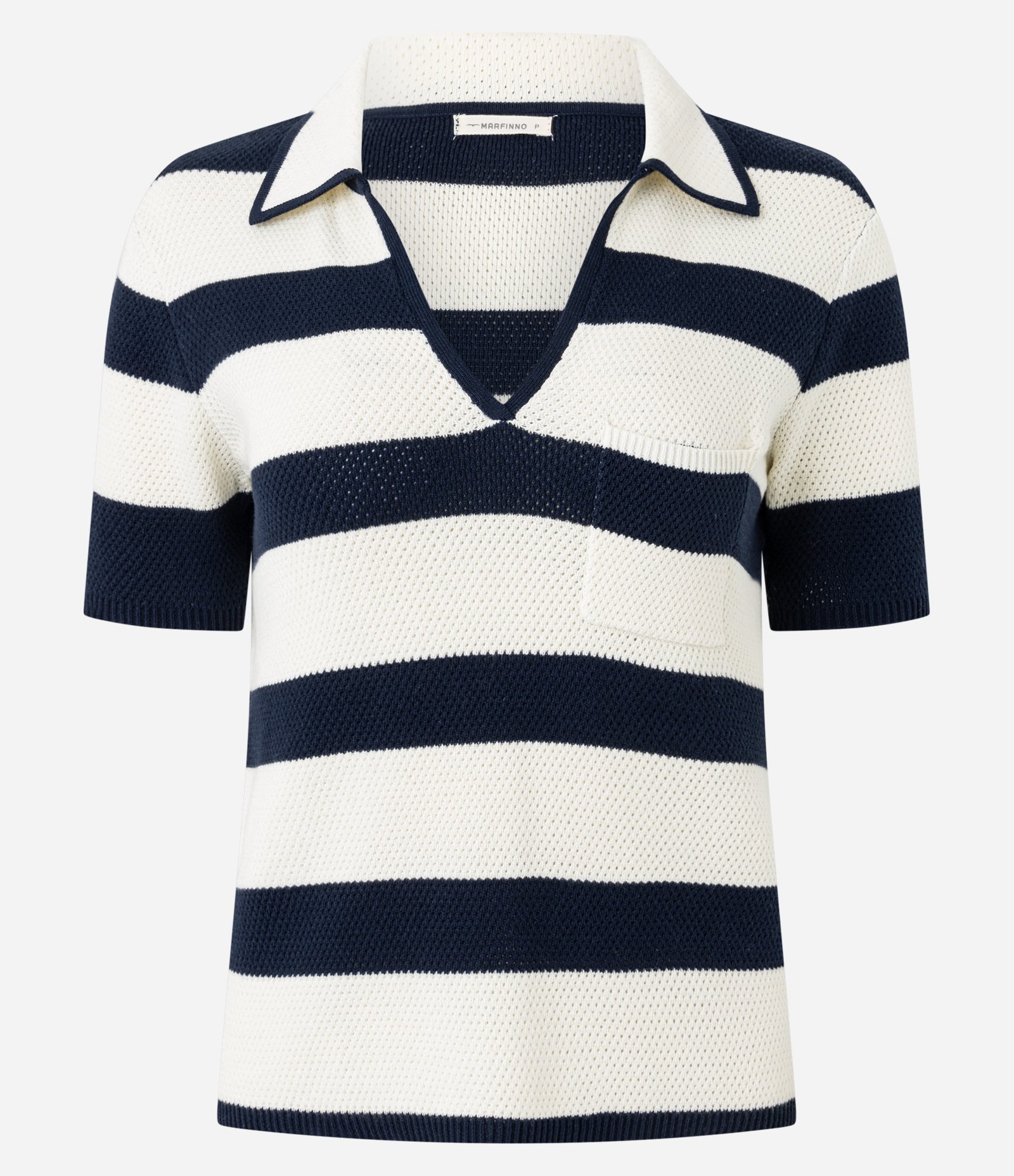 Blusa Listrada em Tricô com Gola Polo e Bolso Azul Escuro/Off White 1