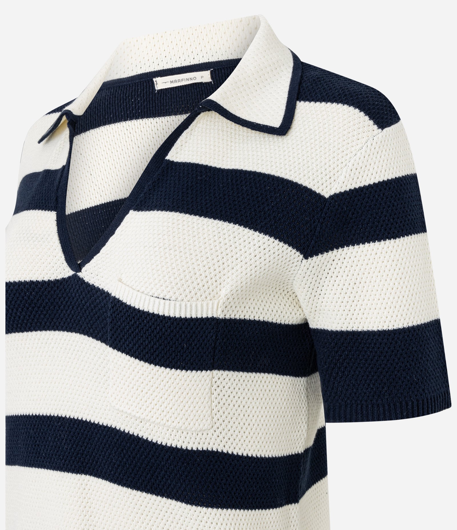 Blusa Listrada em Tricô com Gola Polo e Bolso Azul Escuro/Off White 2
