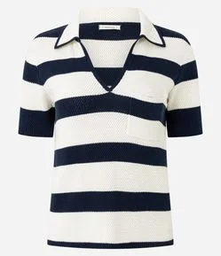 Blusa Listrada em Tricô com Gola Polo e Bolso