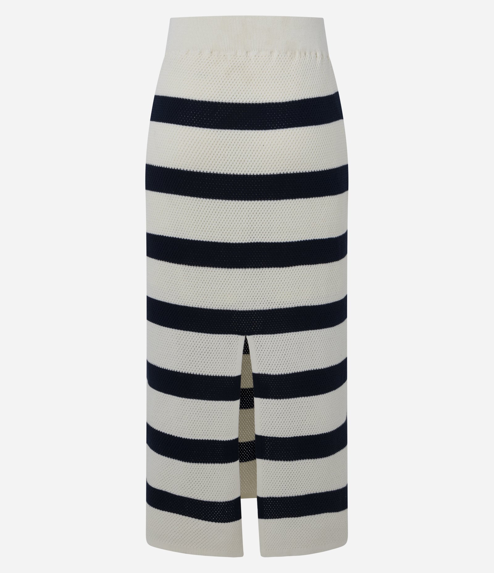 Saia Midi Listrada em Tricô com Fenda na Barra Azul Marinho/Off White 3