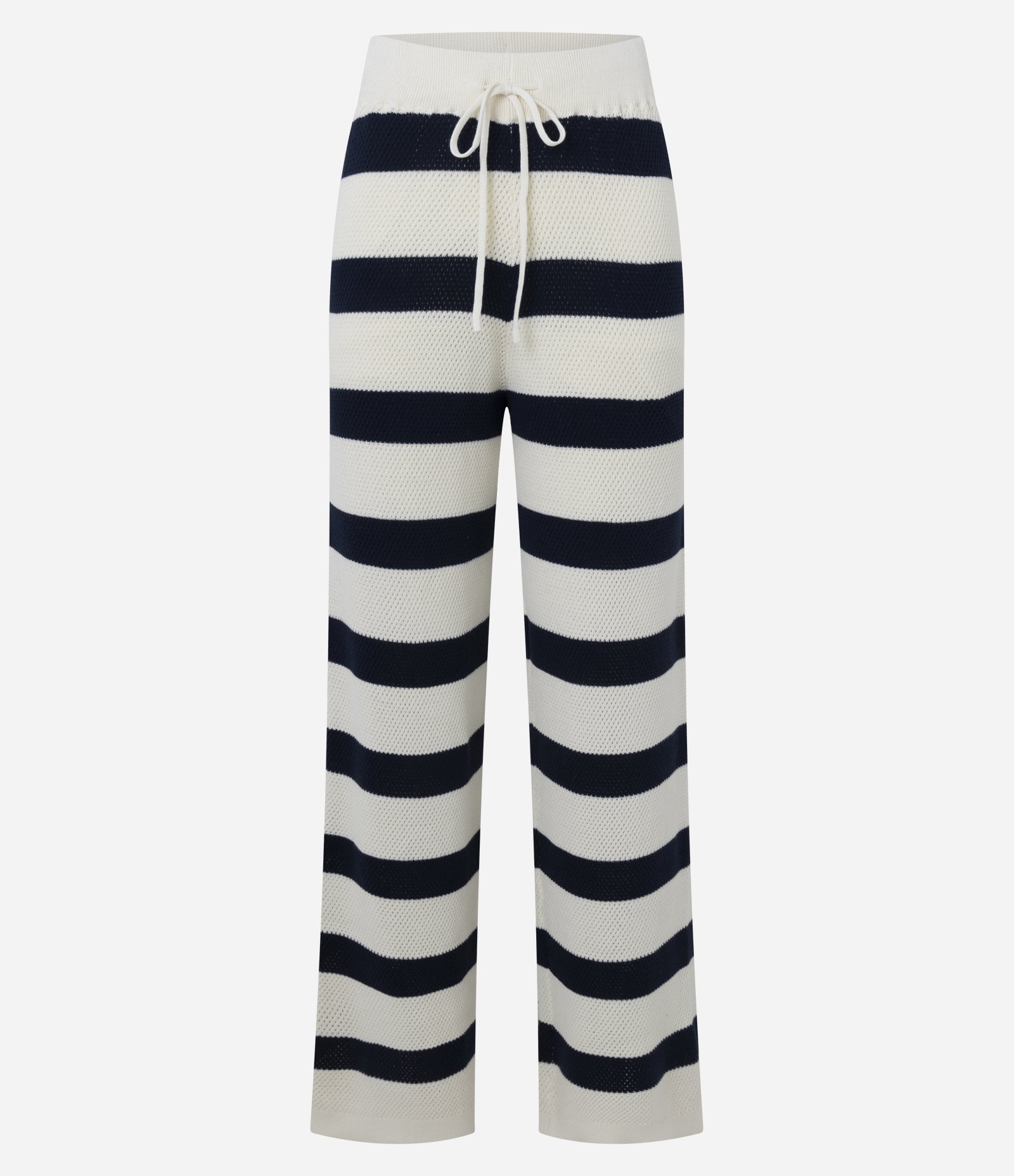 Calça Reta Listrada em Tricô com Elástico e Amarração no Cós Azul/Off White 1
