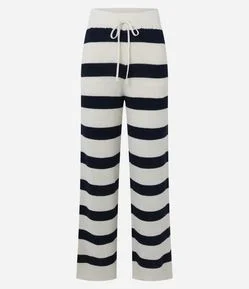 Calça Reta Listrada em Tricô com Elástico e Amarração no Cós