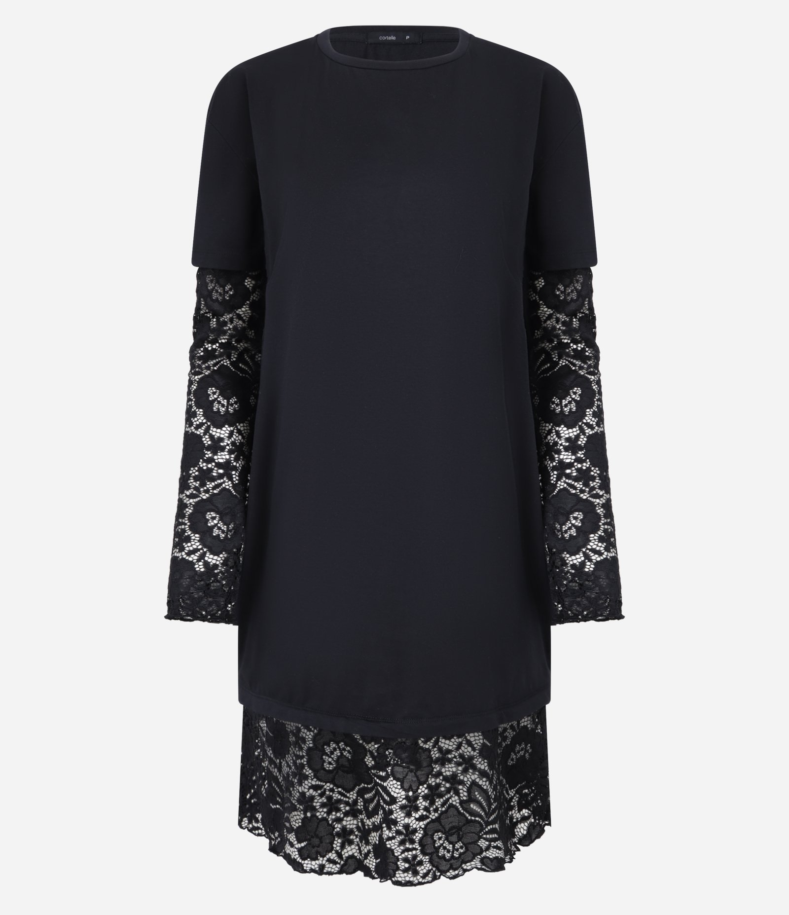 Vestido comfort em Algodão com Forro Manga Curta e Rendas Preto 1