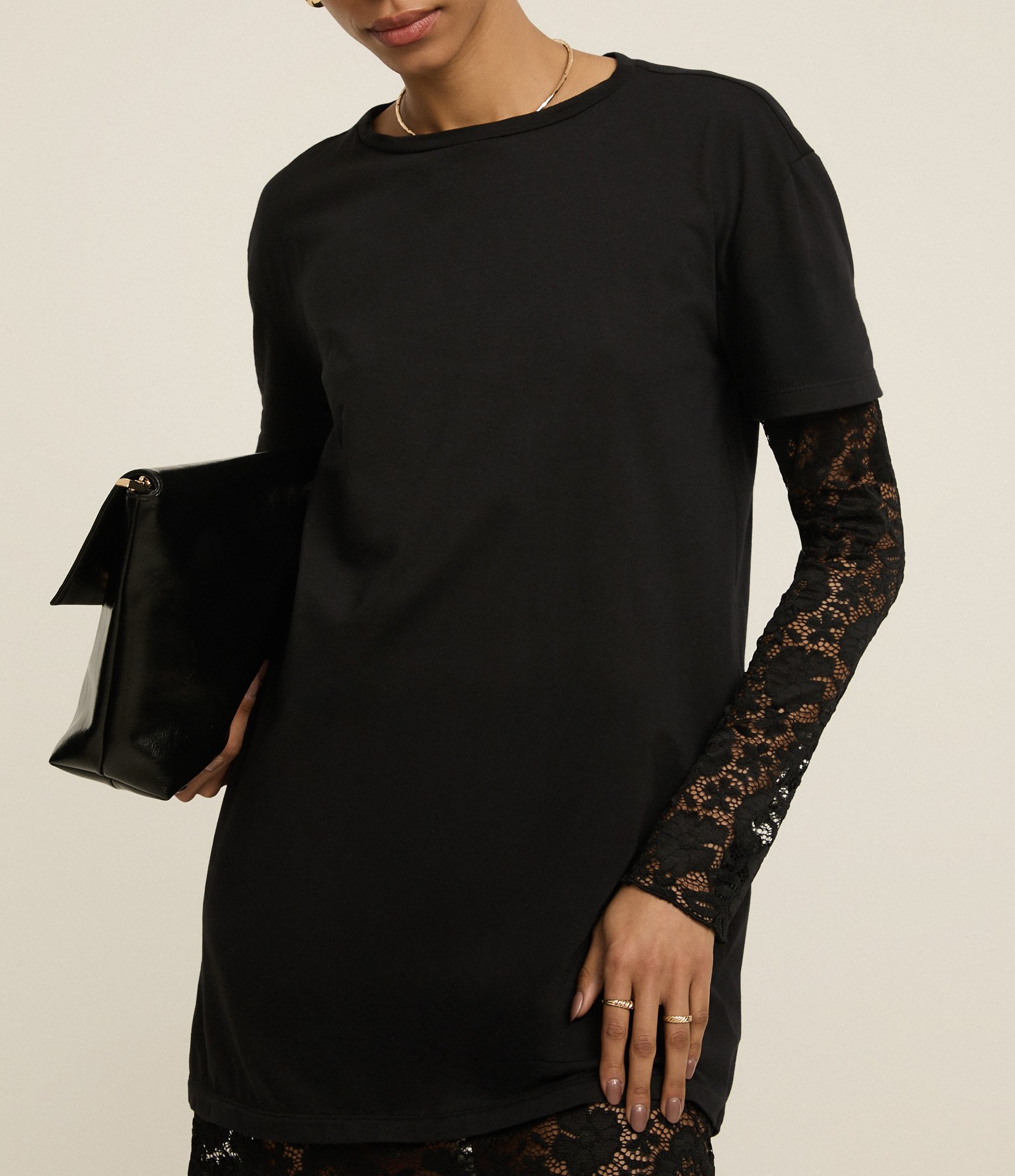 Vestido comfort em Algodão com Forro Manga Curta e Rendas Preto 3