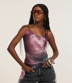 Blusa em Tule com Estampa Abstrata e Pontas com Drapeados