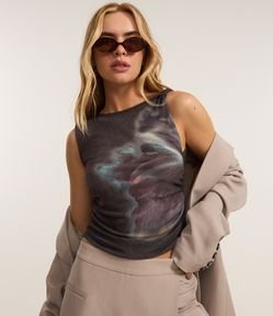 Blusa Sem Manga em Tule com Estampa Abstrata