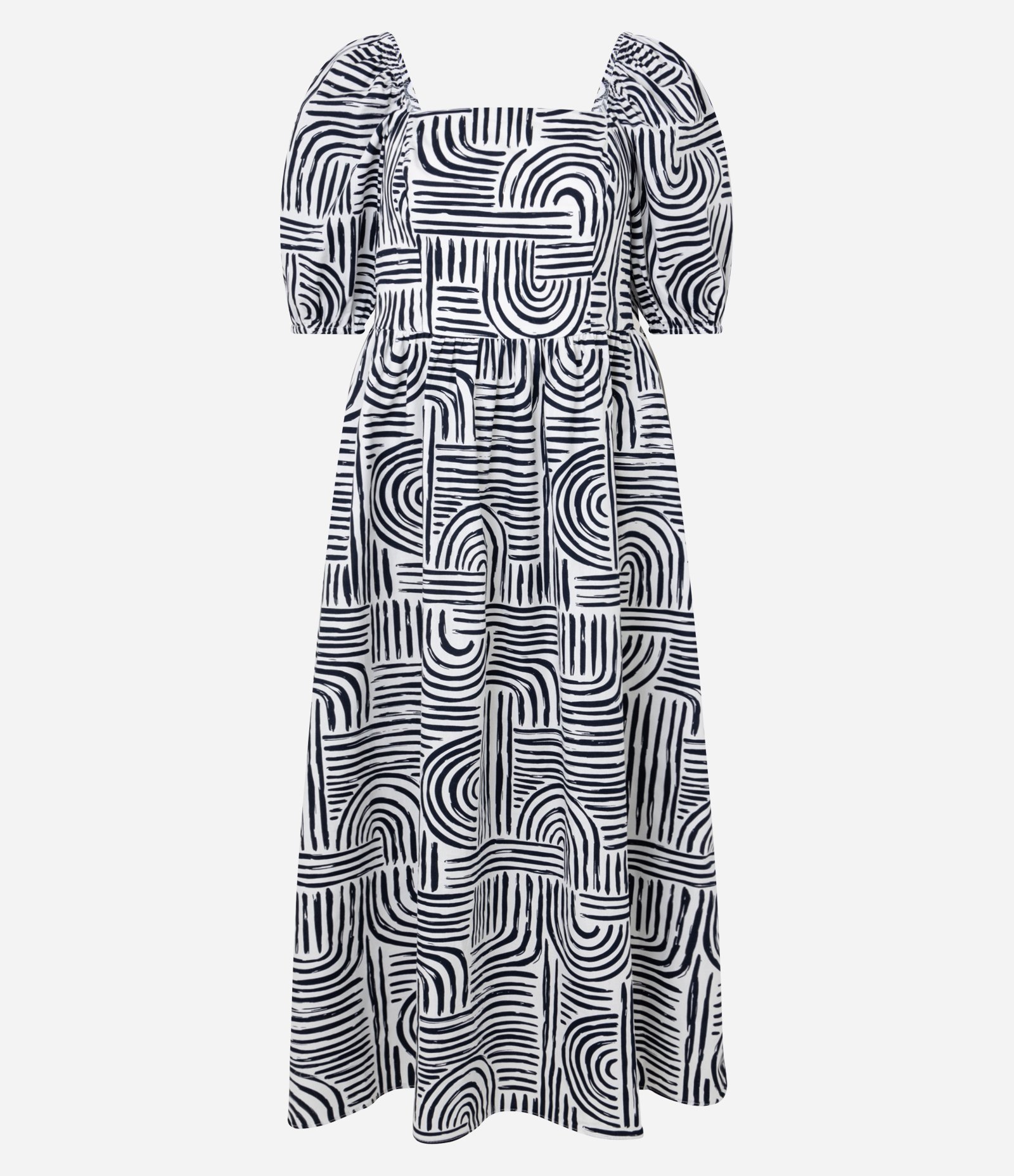 Vestido Evasê Midi em Tricoline com Estampa Geométrica Azul Escuro/Branco 5