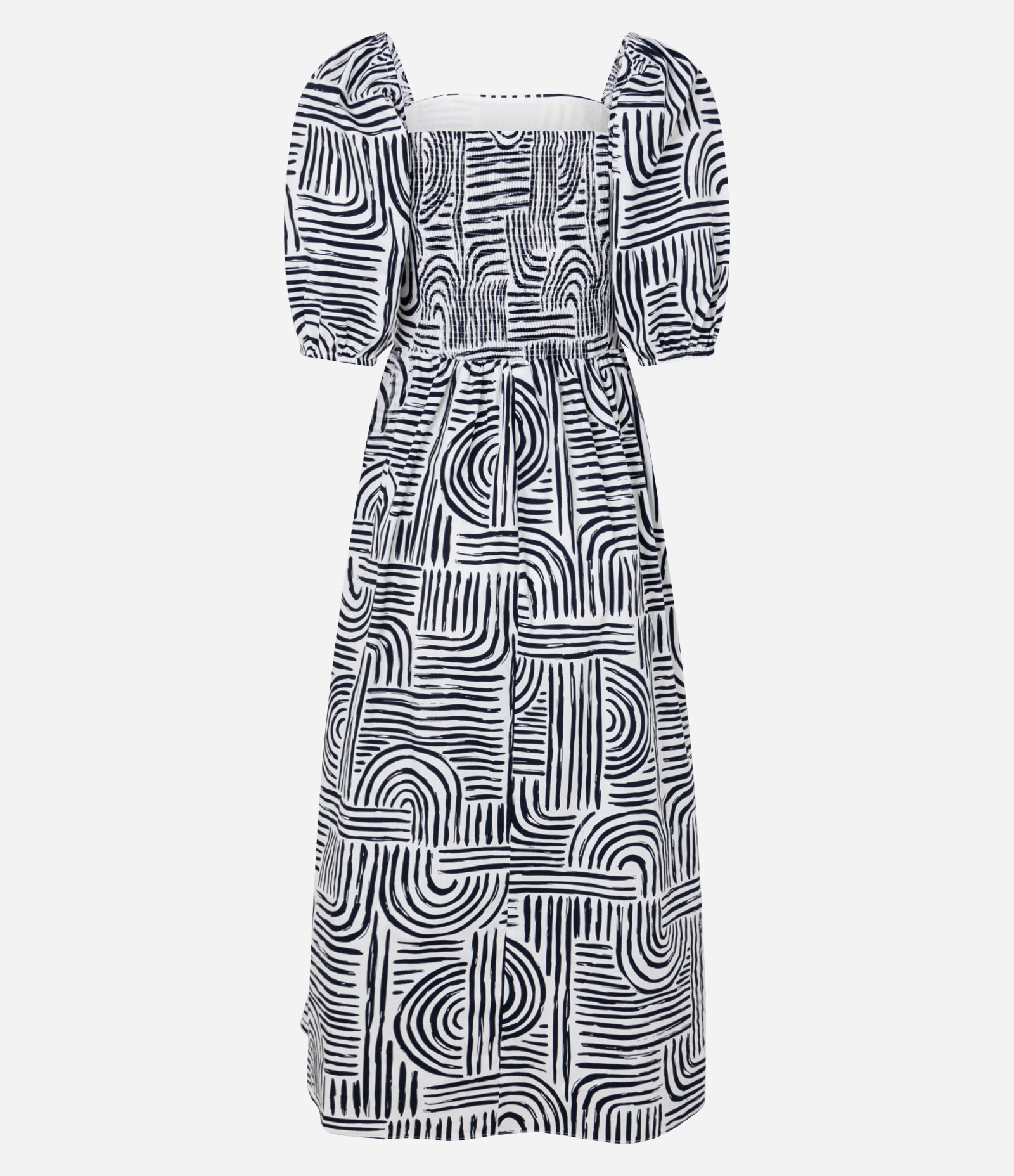 Vestido Evasê Midi em Tricoline com Estampa Geométrica Azul Escuro/Branco 6