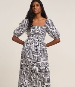 Vestido Evasê Midi em Tricoline com Estampa Geométrica