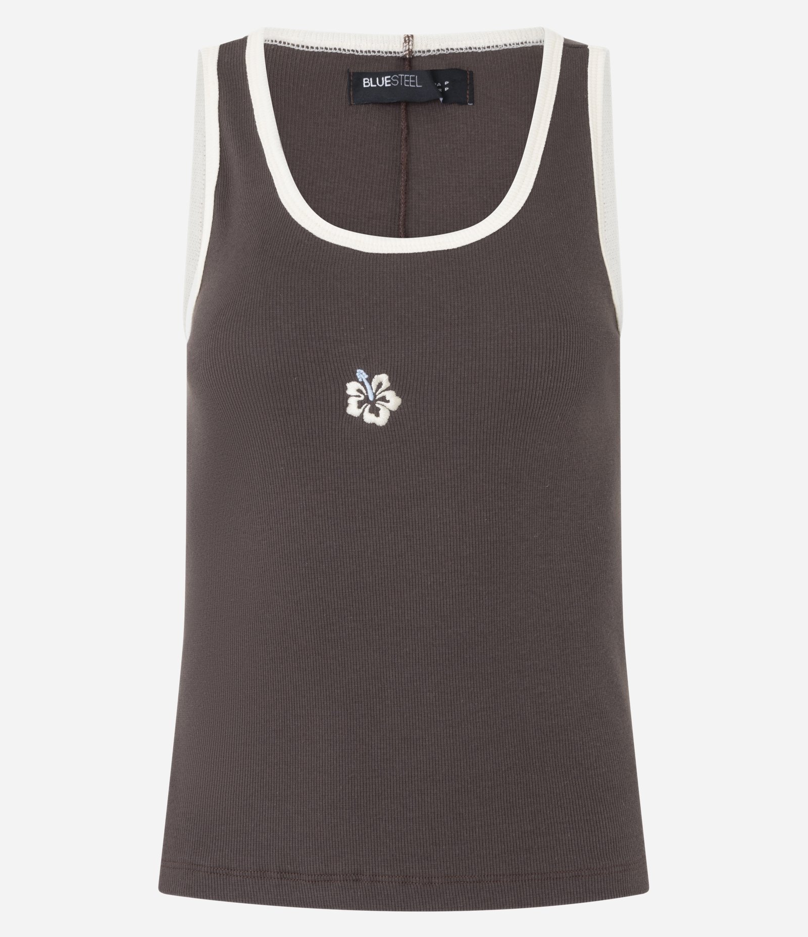 Regata em Ribana com Bordado de Hibisco e Viés Constrastante Marrom 4