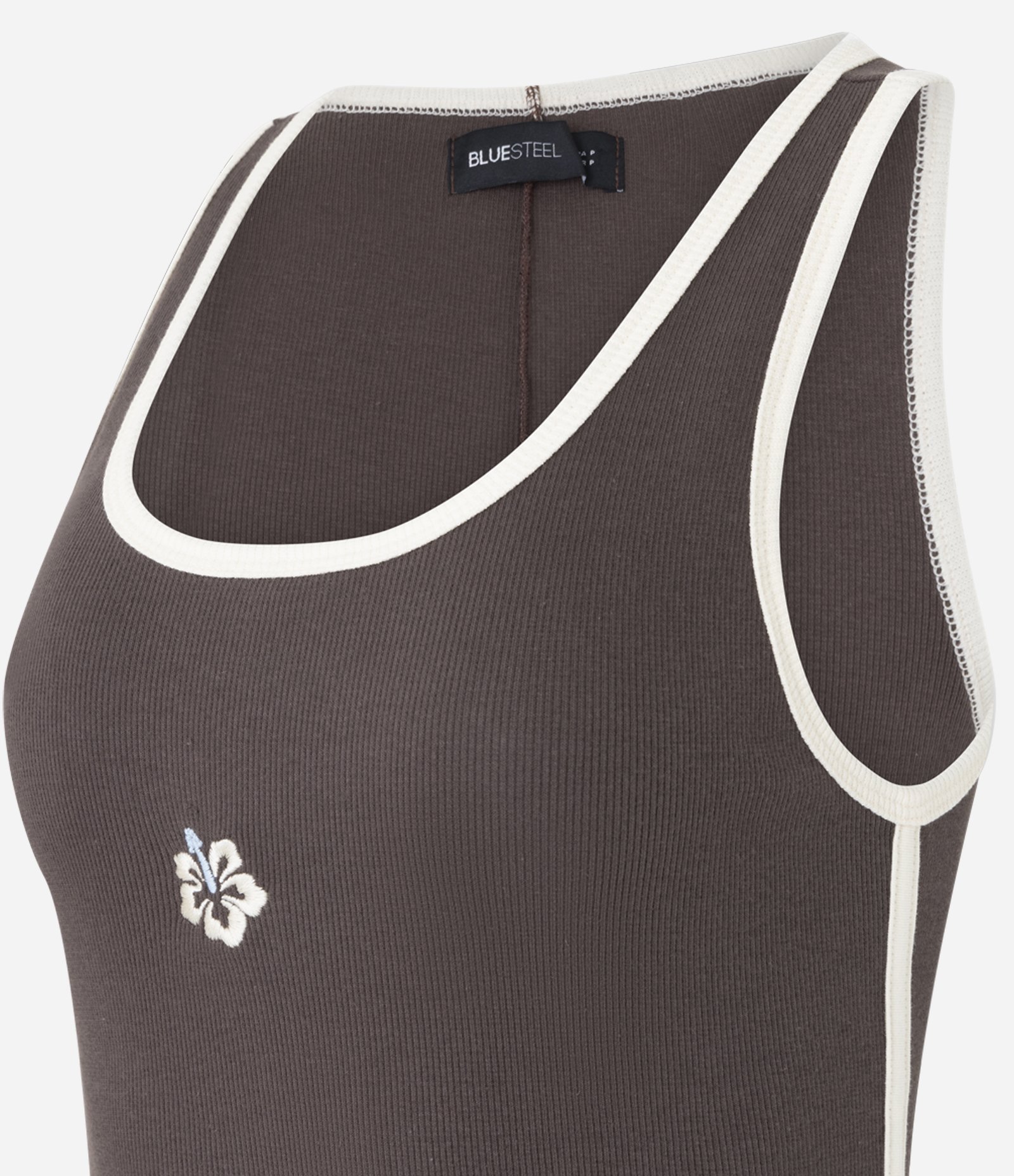 Regata em Ribana com Bordado de Hibisco e Viés Constrastante Marrom 5