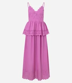Vestido Evasê Midi em Laise com Sobreposição e Bordados