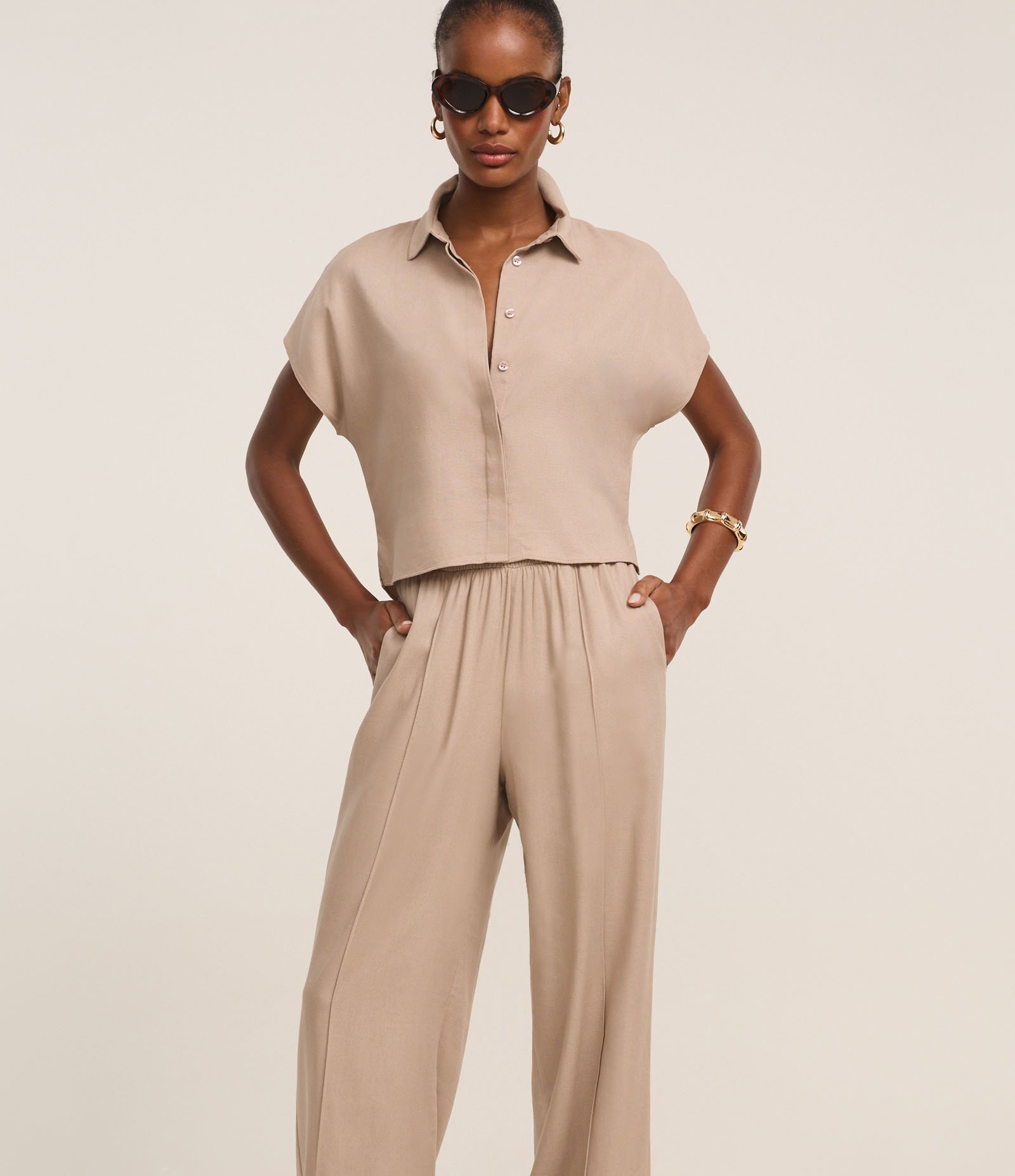 Calça Pantalona em Viscolinho com Cós Elástico Cinza 2