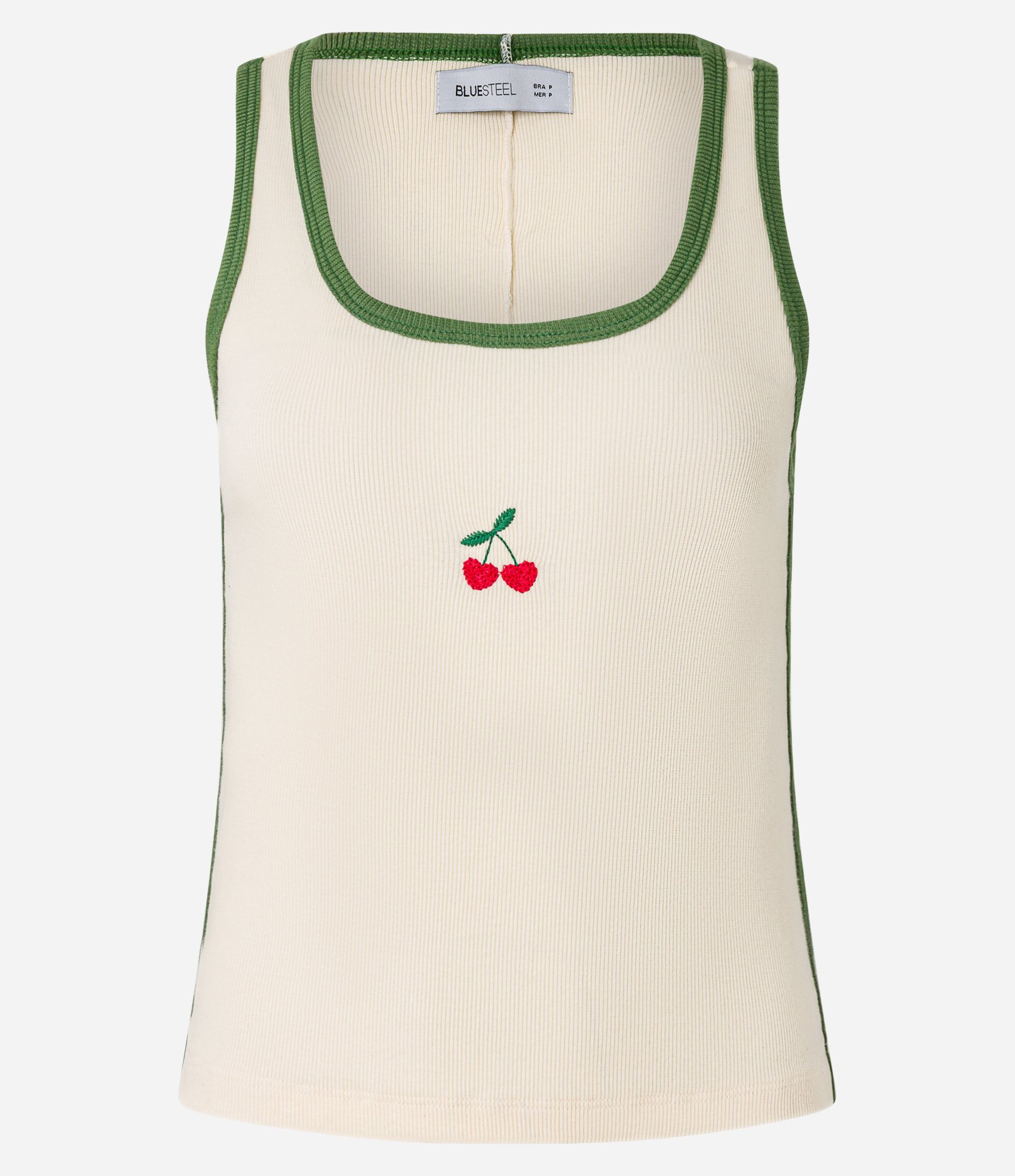 Blusa Regata em Ribana com Cereja Bordada e Viés Contrastantes Bege 4