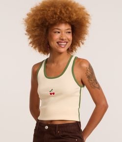 Blusa Regata em Ribana com Cereja Bordada e Viés Contrastantes