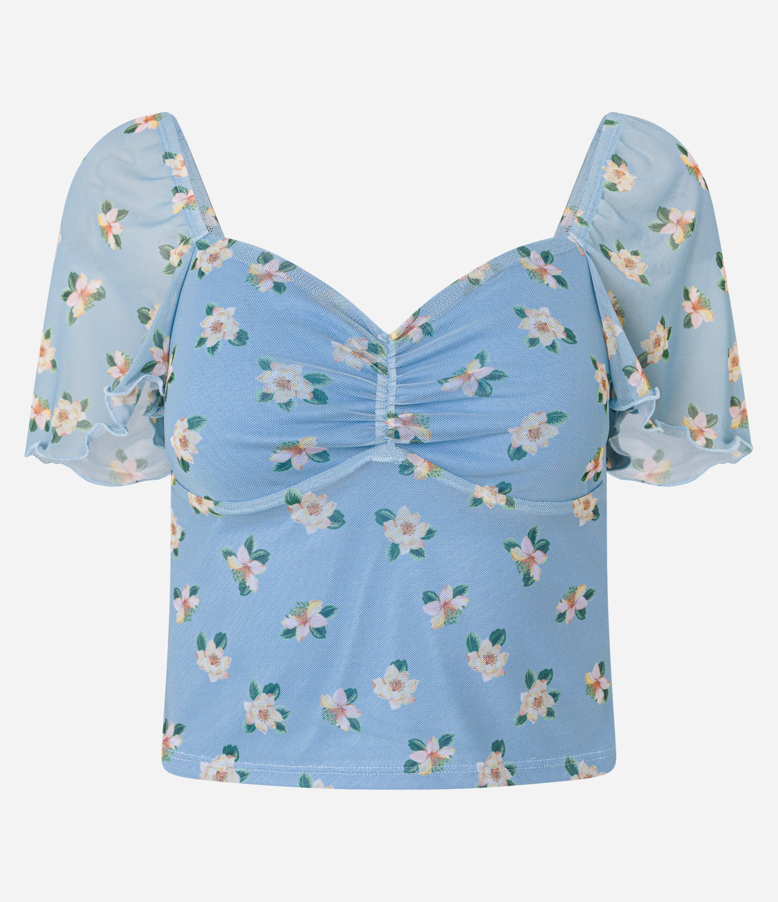 Blusa Cropped em Tule com Manga Soltinha e Estampa Floral Azul 7