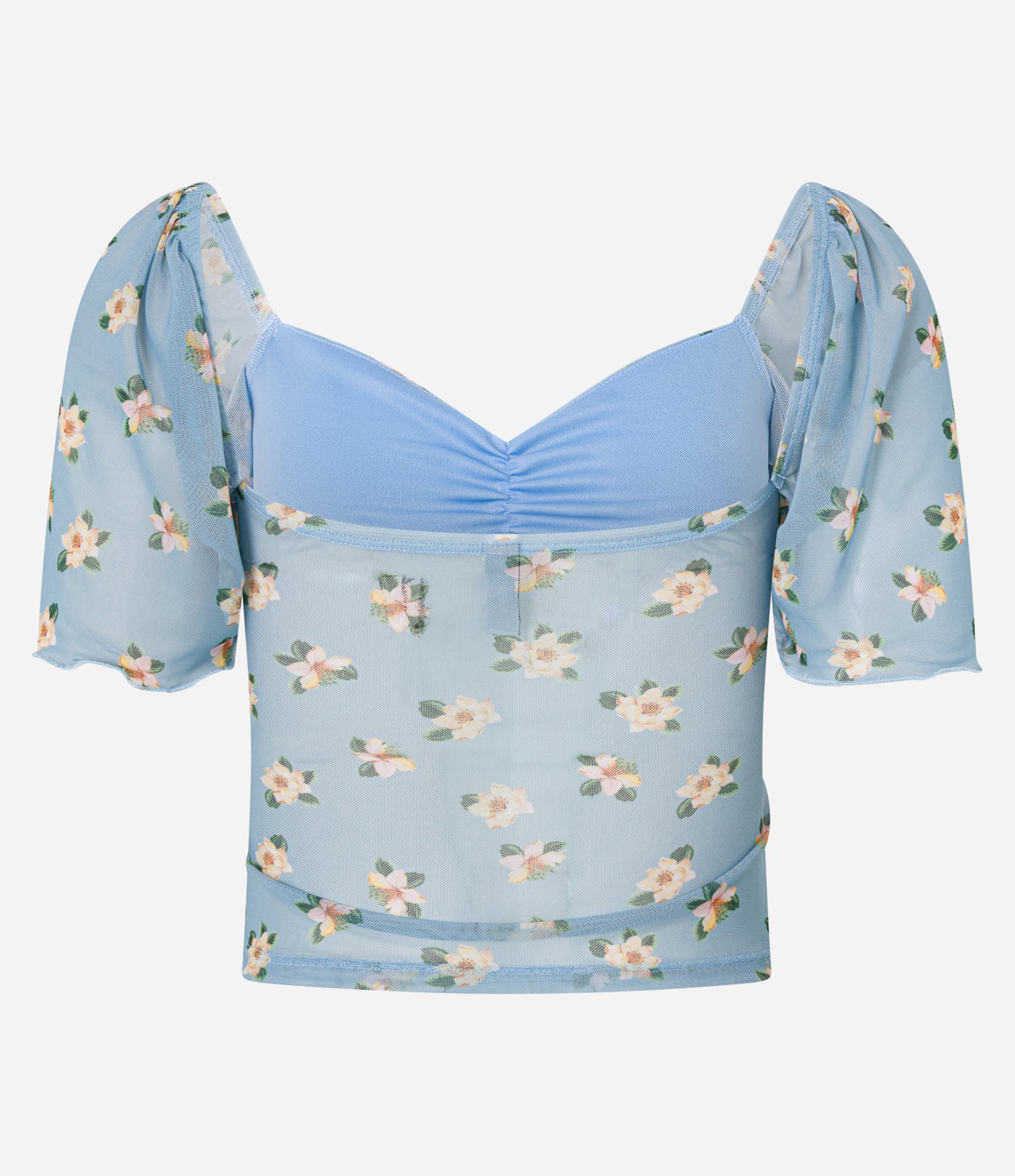 Blusa Cropped em Tule com Manga Soltinha e Estampa Floral Azul 9