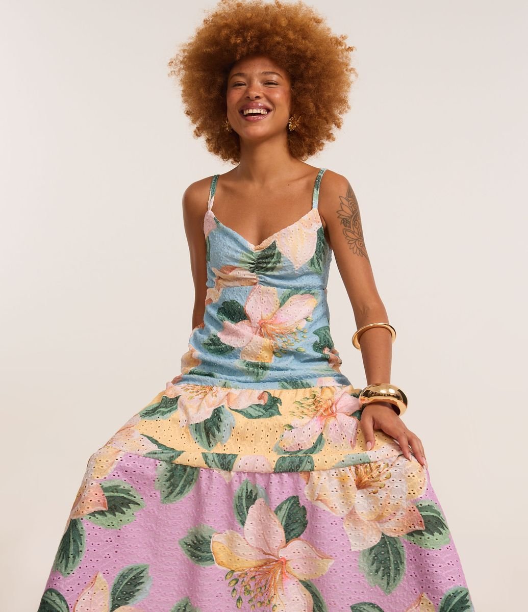 Vestido Long Midi em Laise com Estampa Frontal Multicores