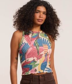 Blusa Curta Texturizada com Estampa Araras