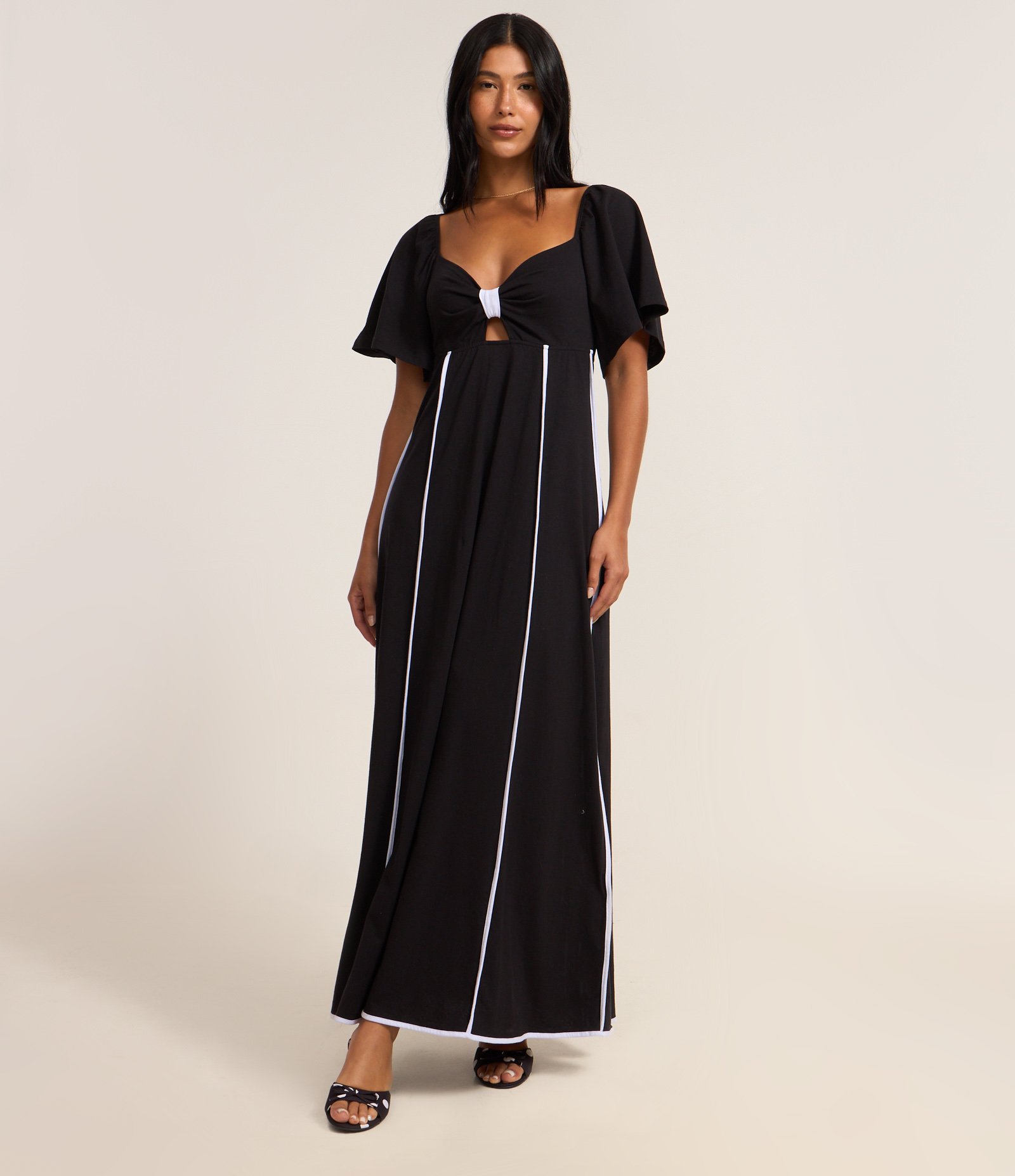 Vestido Long Midi com Laço no Busto e Viés Contrastantes Preto 1