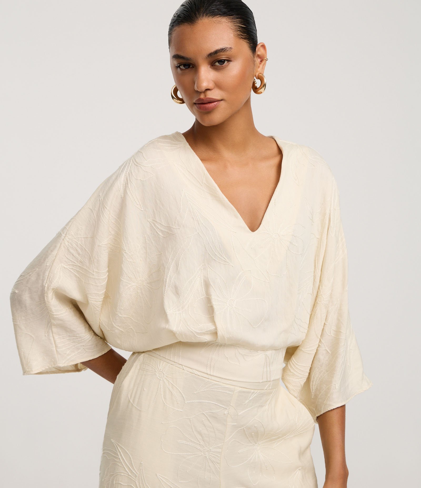 Blusa em Laise com Bordado Floral e Manga 7/8 Off White 1