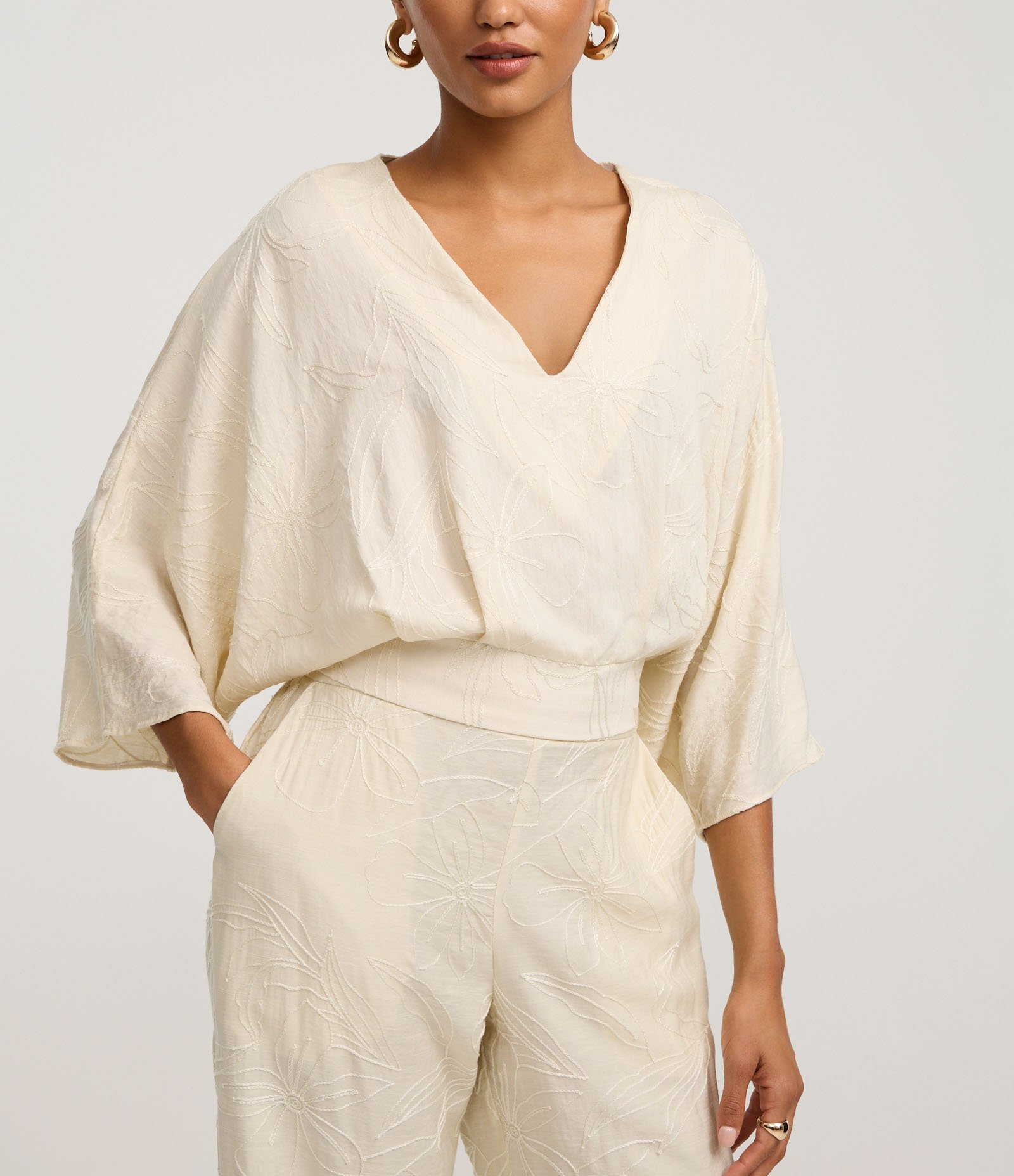 Blusa em Laise com Bordado Floral e Manga 7/8 Off White 4