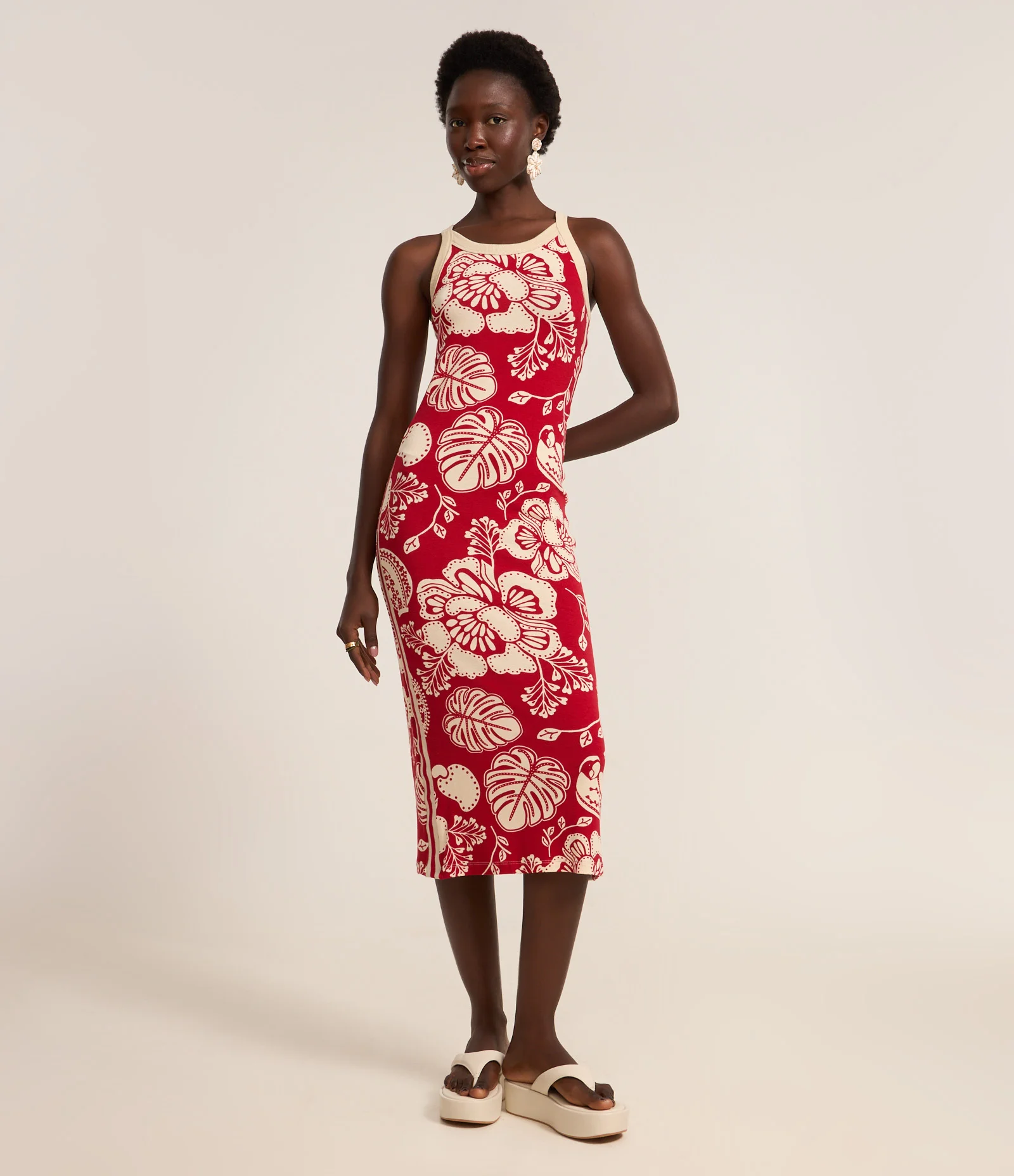 Vestido Midi em Viscose com Estampa Floral Bicolor Vermelho 1