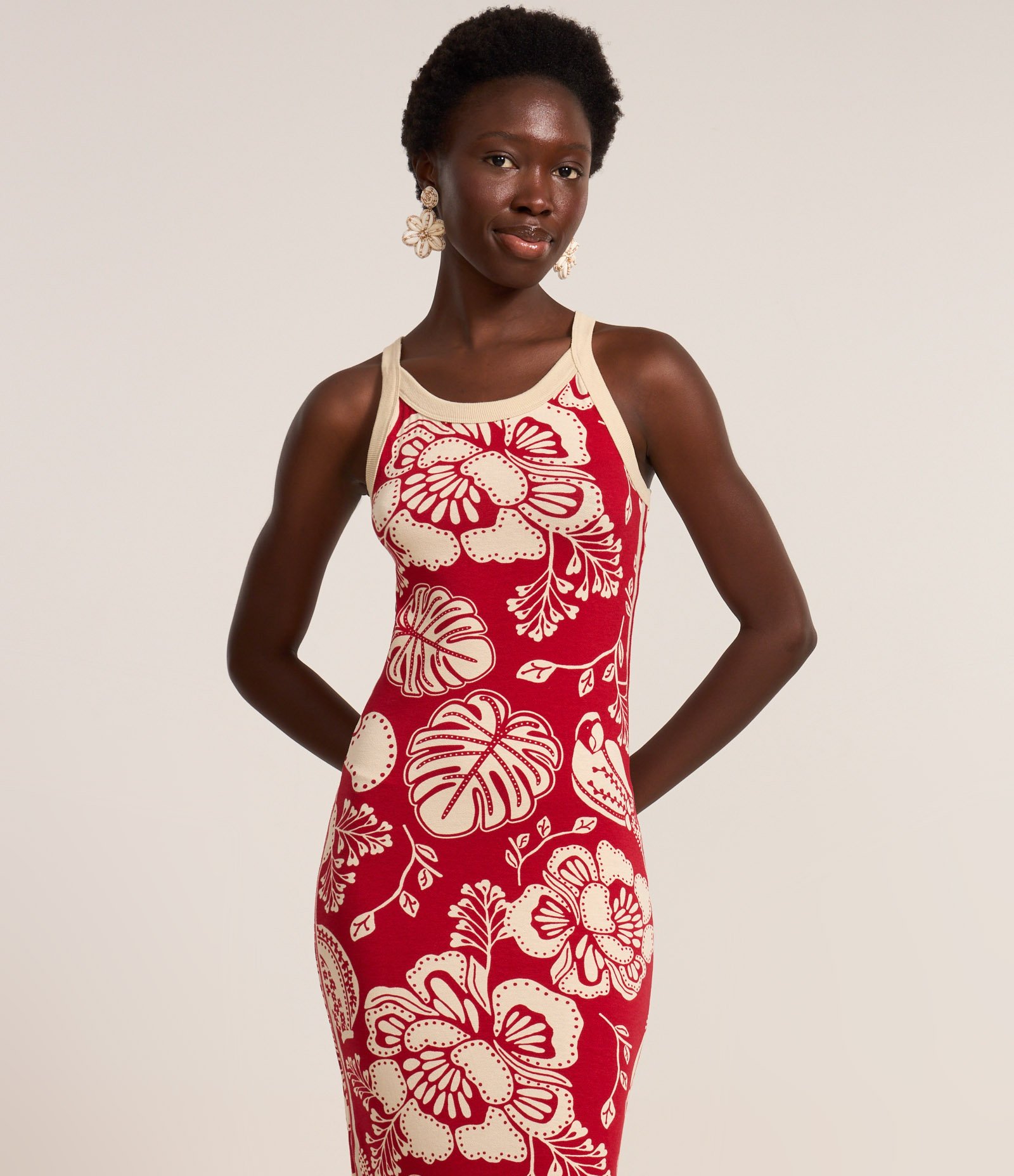 Vestido Midi em Viscose com Estampa Floral Bicolor Vermelho 2