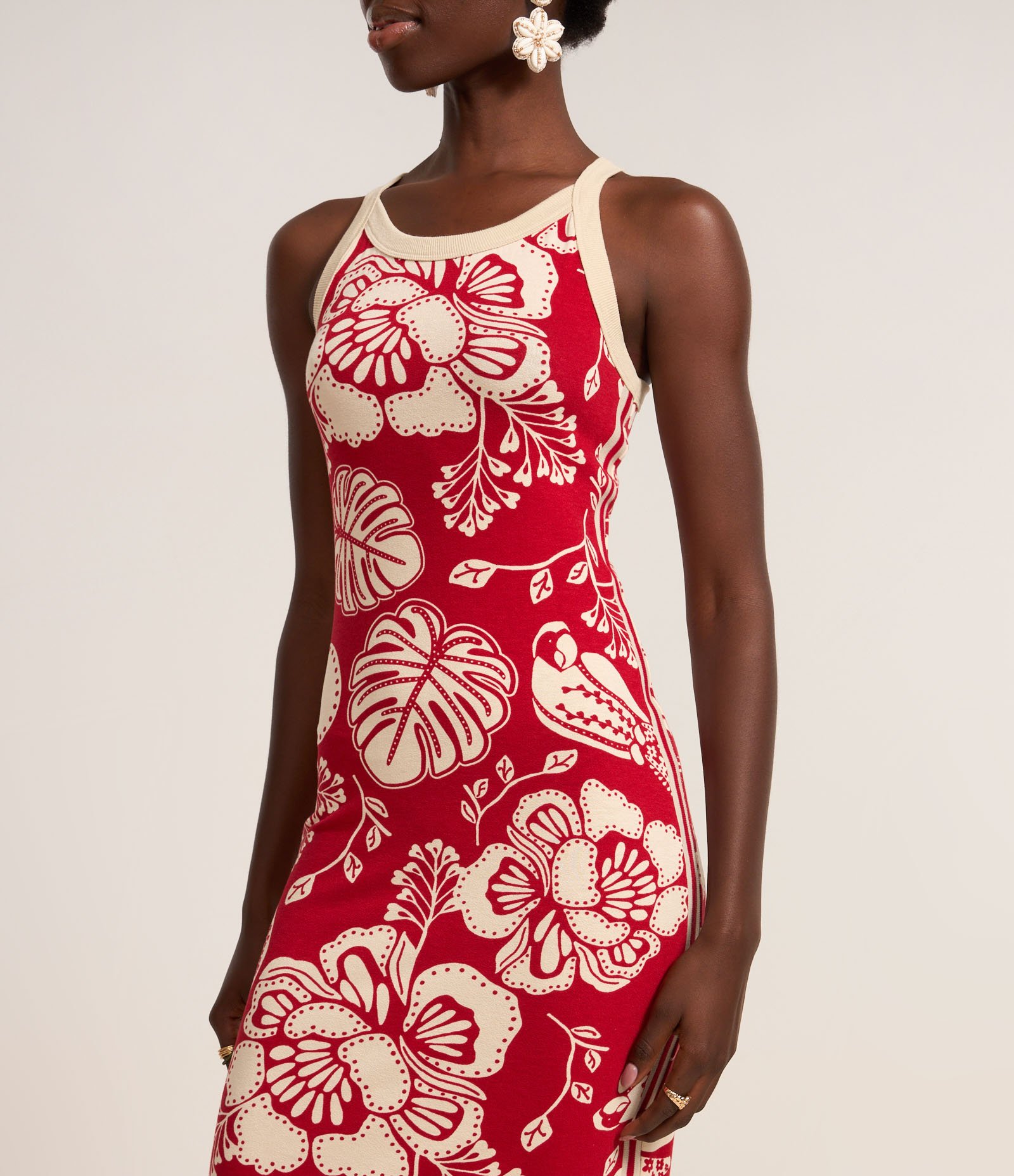 Vestido Midi em Viscose com Estampa Floral Bicolor Vermelho 3