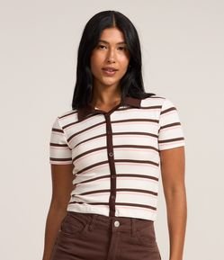 Blusa Polo em Ribana com Abotoamento Frontal e Listras Contrastantes