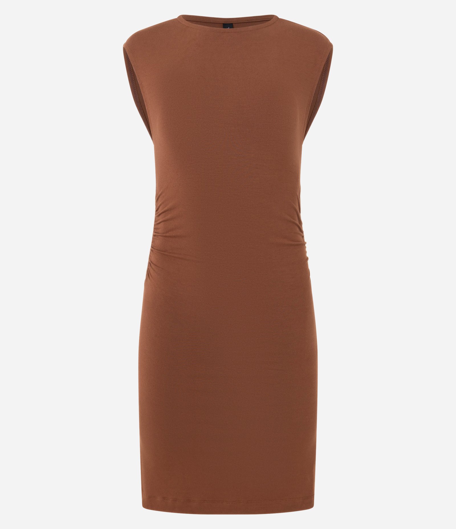 Vestido Curto sem Manga em Viscose com Franzido Lateral Marrom 3
