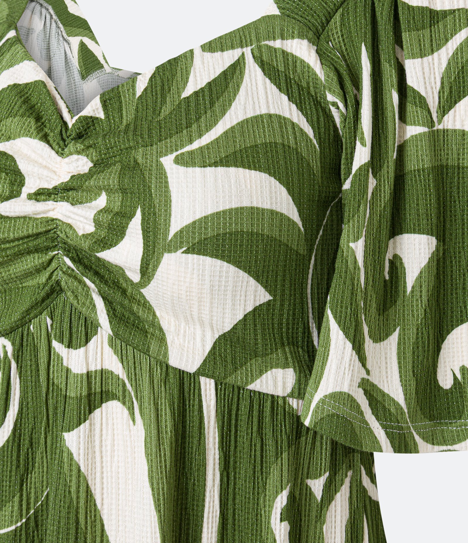 Vestido Curto com Decote Coração Estampa Abstrata e Textura Verde/Off White 6