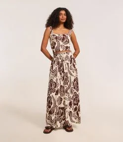 Saia Long Midi Texturizada com Estampa Caju Bicolor e Cós de Lastex