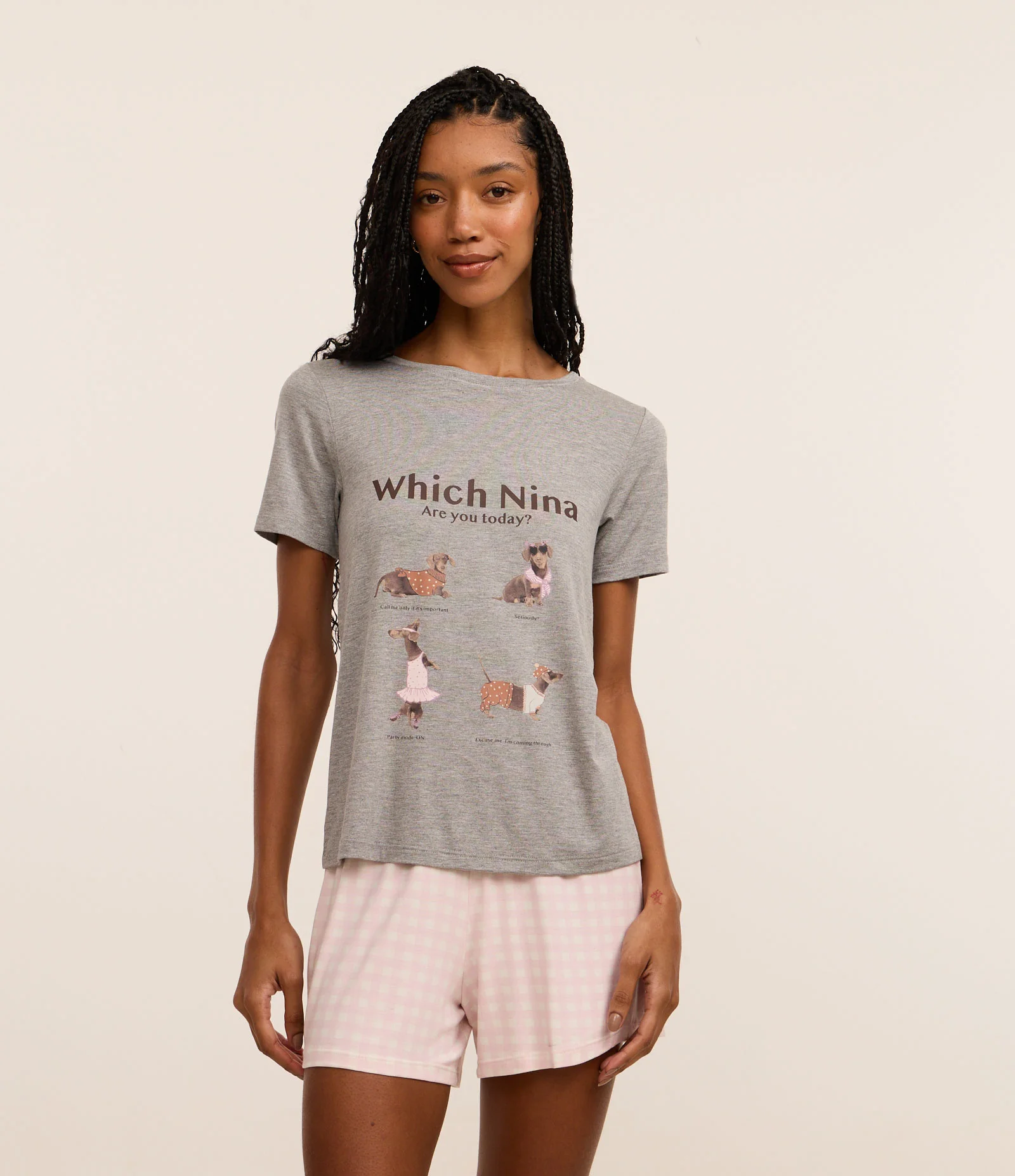 Pijama Short Doll em Viscose com Estampa de Cachorrinho Cinza 1