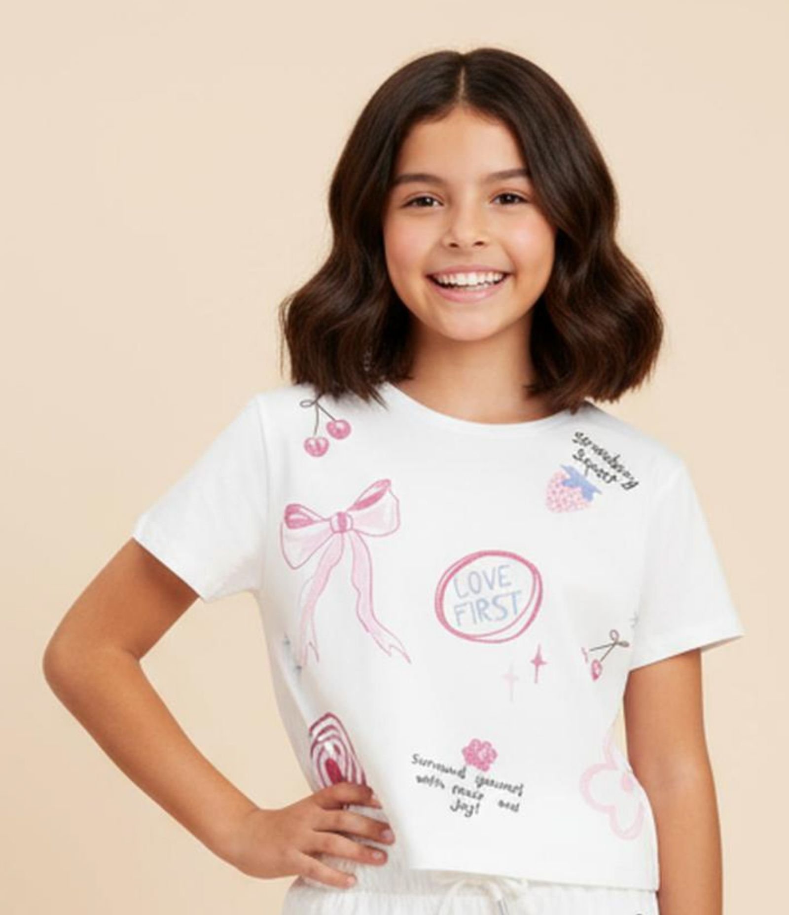 Camiseta Infantil Regular com Estampa de Ícones - Tam 5 a 16 Anos Branco 1