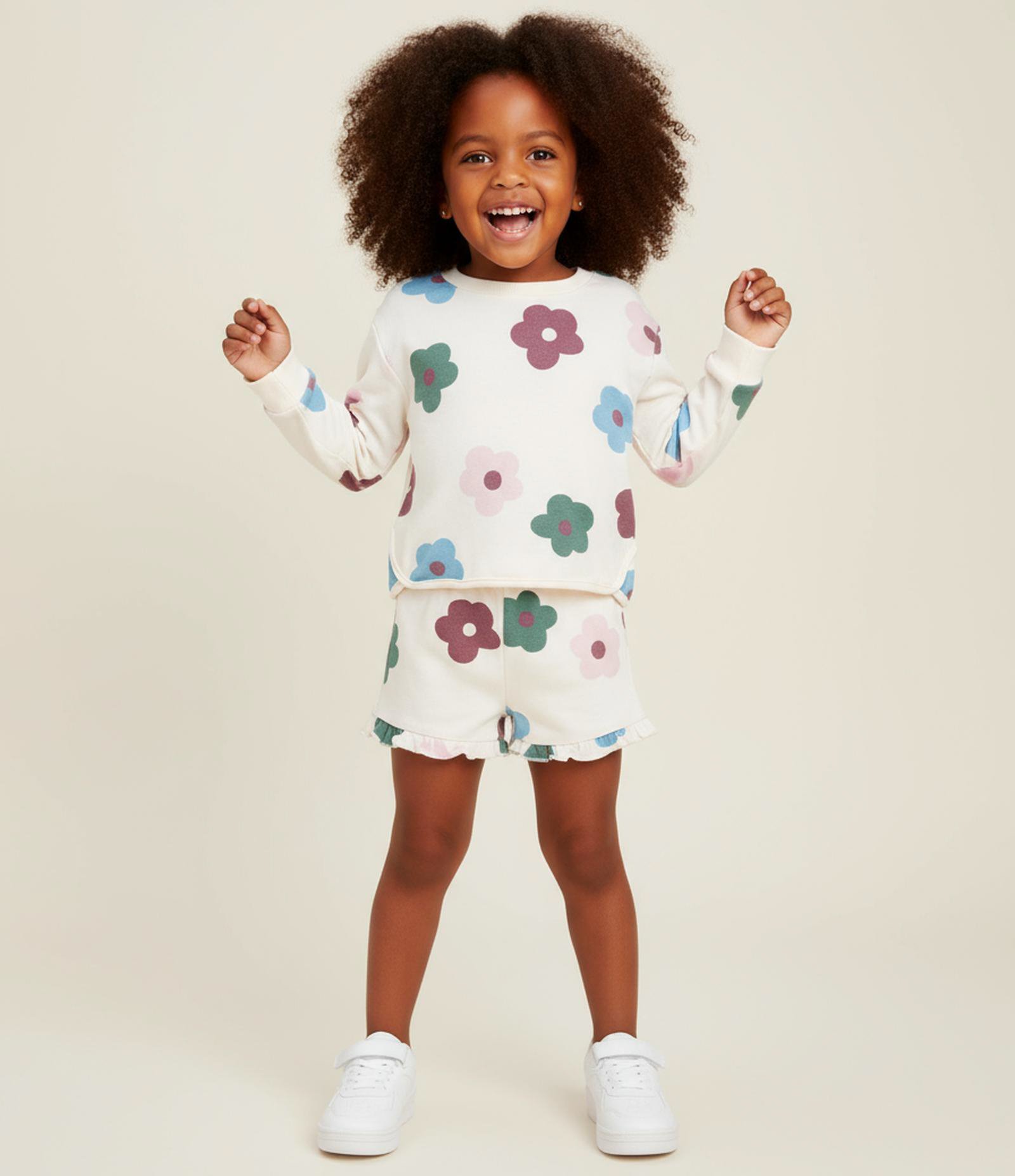 Conjunto Infantil Texturizado Estampa Floral - Tam 1 a 5 Anos Bege 1