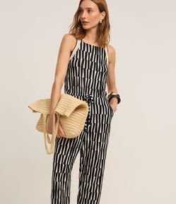 Macacão Reto em Viscose com Detalhes em Tricô e Estampa Geométrica