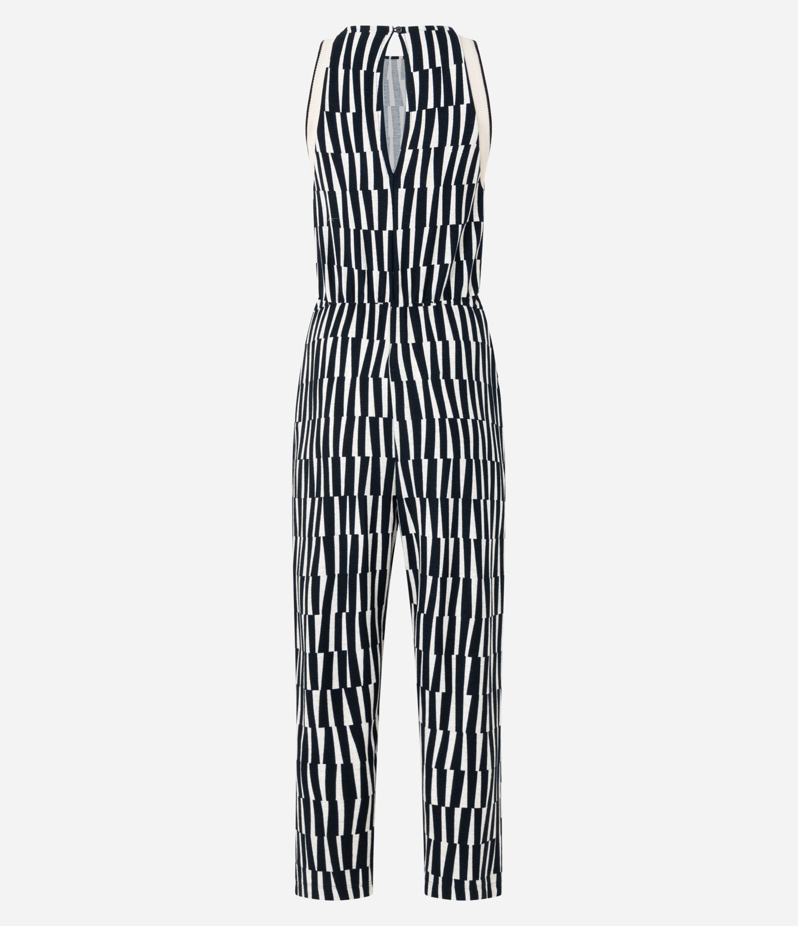 Macacão Reto em Viscose com Detalhes em Tricô e Estampa Geométrica Preto/Bege 8