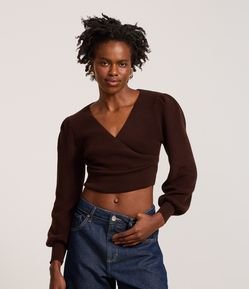 Blusa Cropped em Malha Texturizada com Manga Longa Bufante
