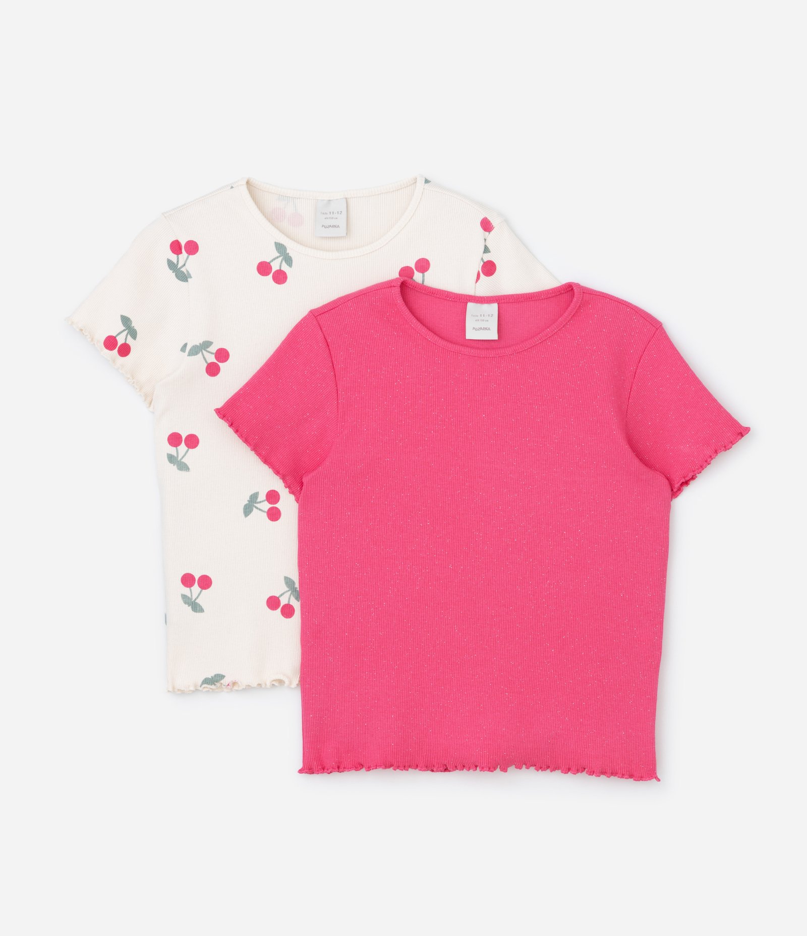 Kit 02 Blusas Infantis em Ribana com Estampa Cereja - Tam 5 a 14 Anos Rosa/Bege 1