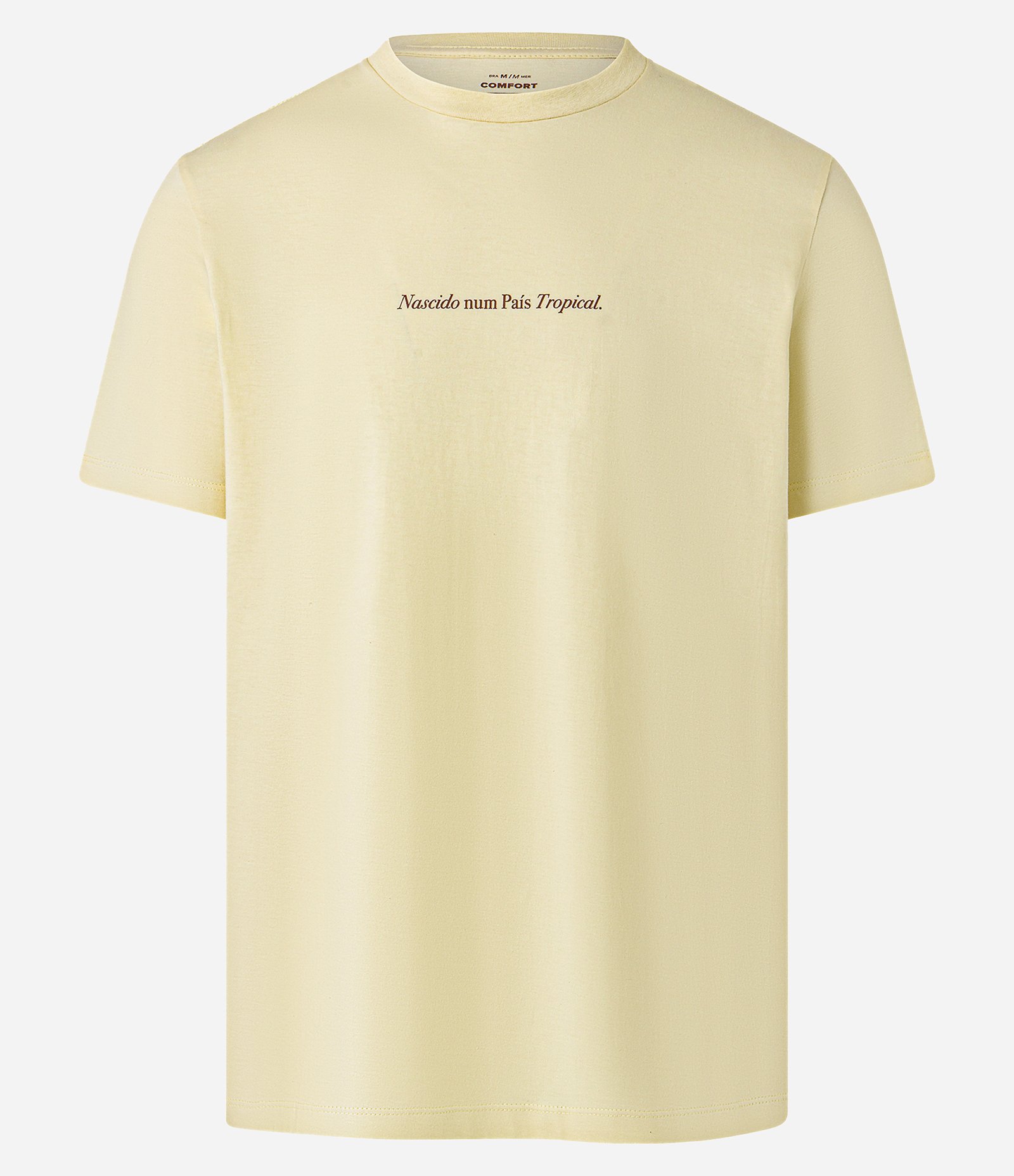 Camiseta Comfort em Algodão com Estampa Lettering Nascido Num País Tropical Amarelo 1