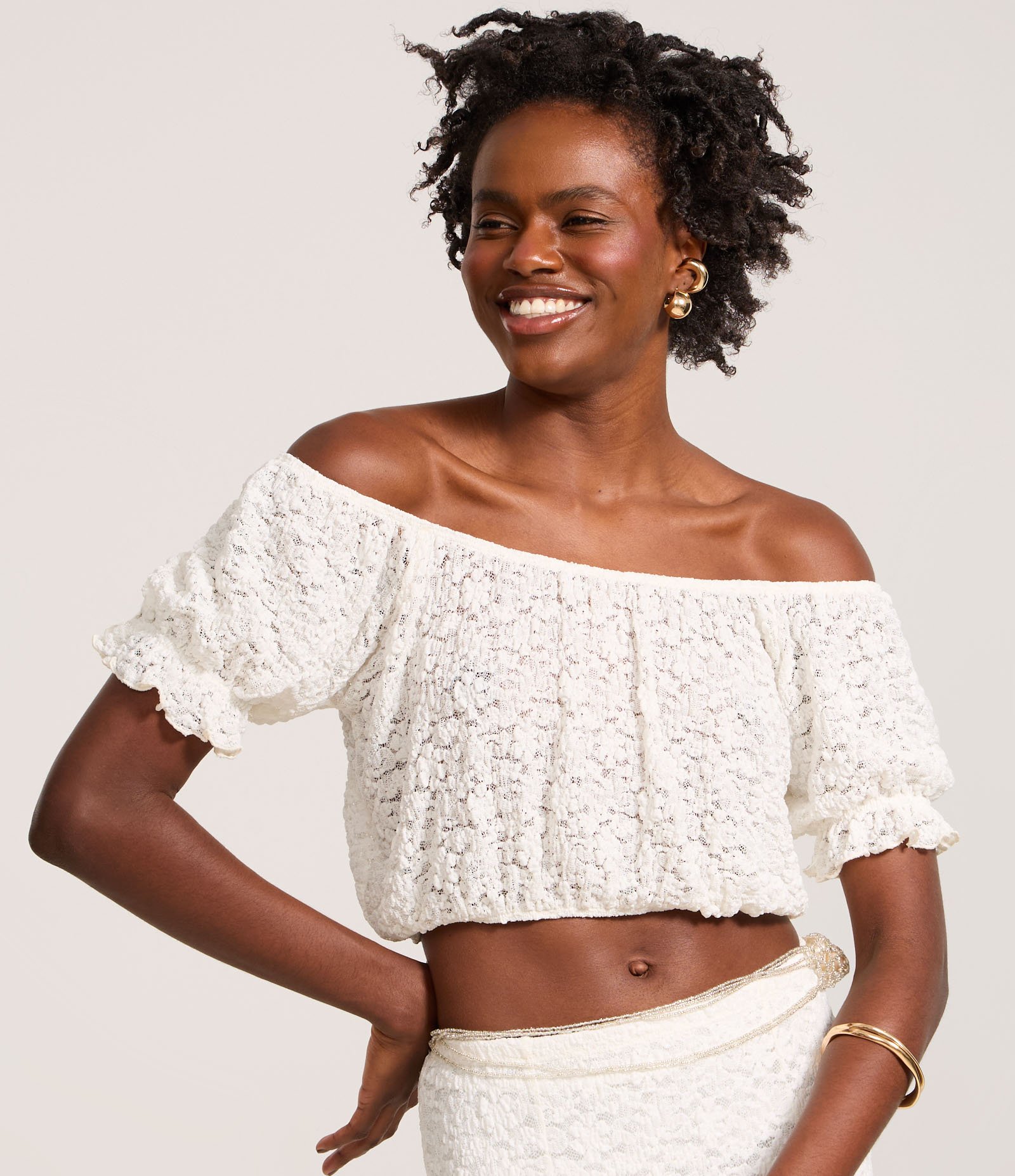 Blusa Cropped em Renda com Textura Floral Branco 1