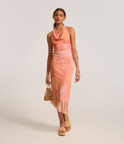 Vestido Frente Única em Tule com Estampa Floral e Decote Degagê