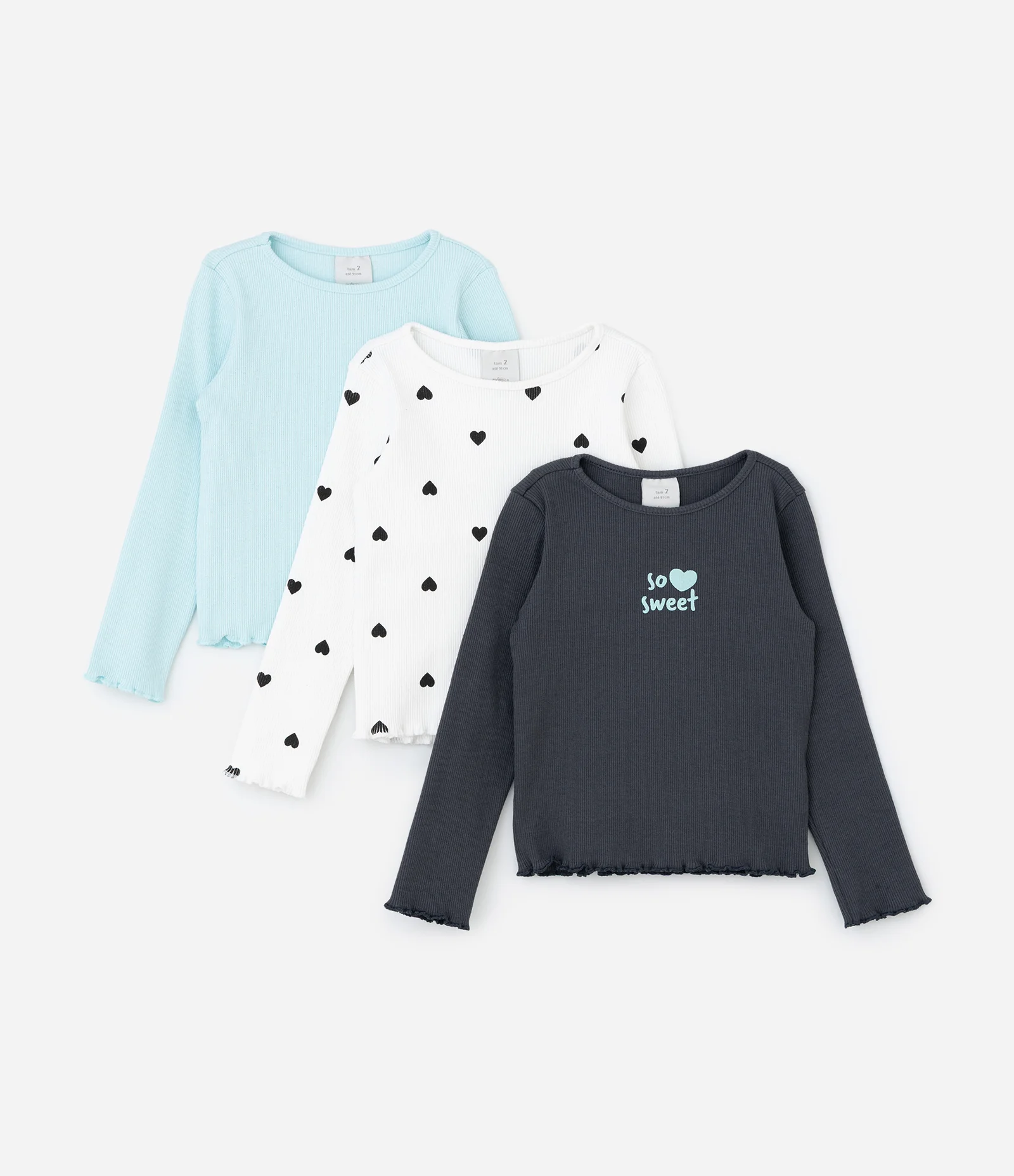 Kit 03 Blusa Infantil em Ribana com Mangas Longas - Tam 1 a 5/6 Anos Azul/Branco/Cinza 1