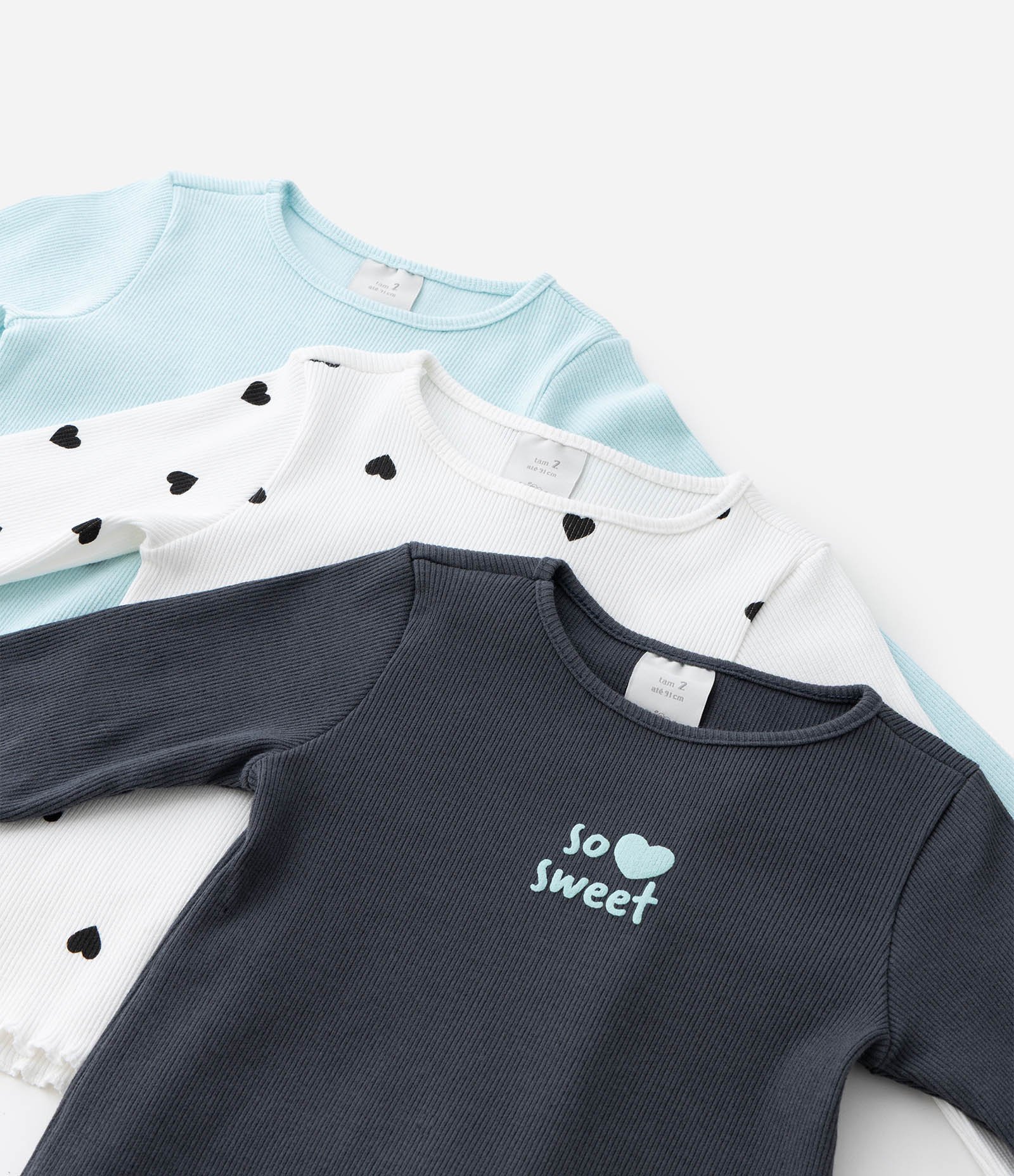 Kit 03 Blusa Infantil em Ribana com Mangas Longas - Tam 1 a 5/6 Anos Azul/Branco/Cinza 4