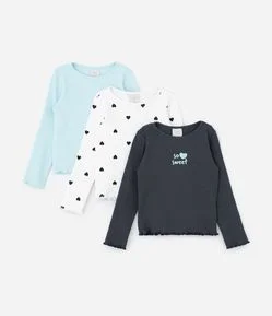 Kit 03 Blusa Infantil em Ribana com Mangas Longas - Tam 1 a 5/6 Anos