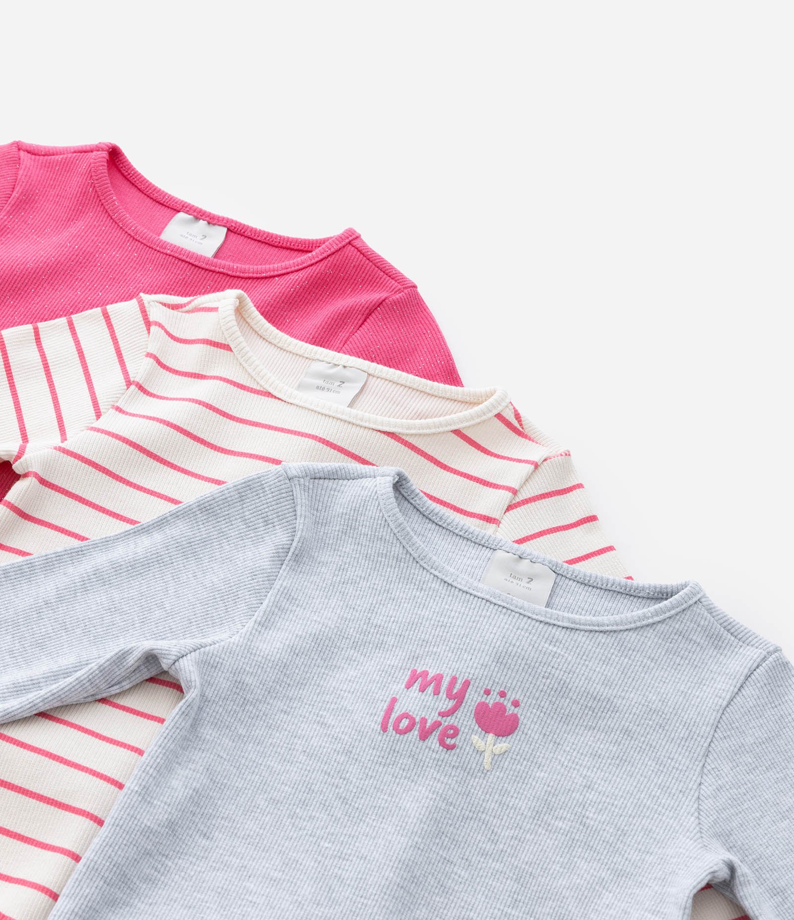 Kit 03 Blusas Infantil em Ribana de Manga Longa - Tam 1 a 5/6 Anos Cinza/Rosa/Bege 8