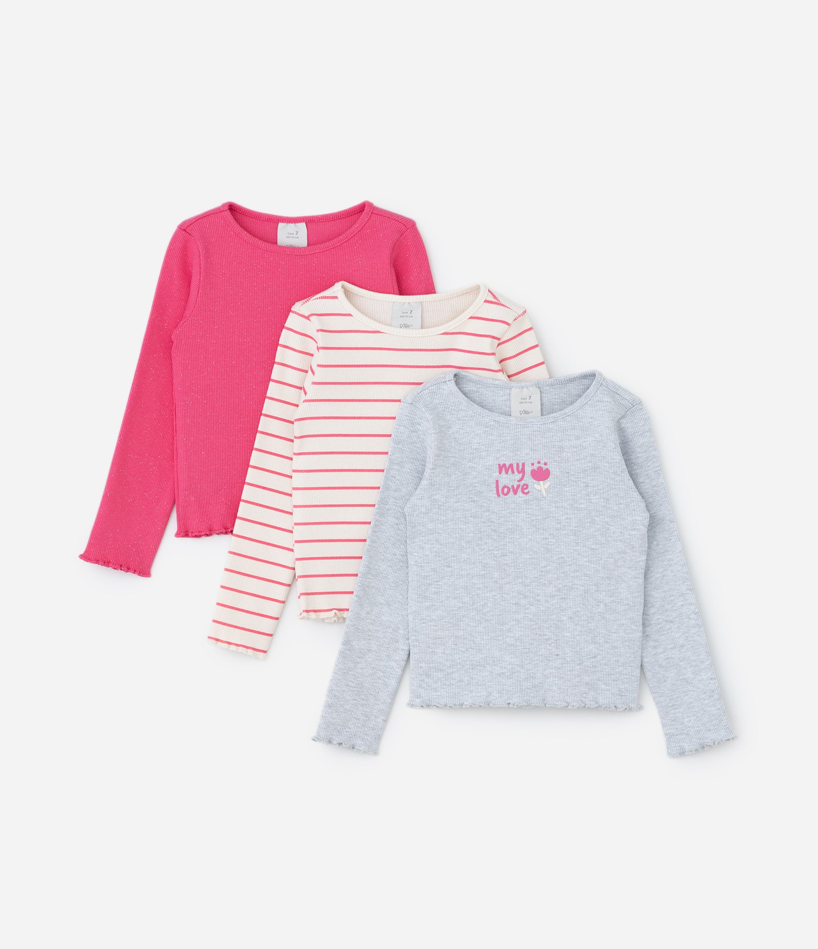 Kit 03 Blusas Infantil em Ribana de Manga Longa - Tam 1 a 5/6 Anos Cinza/Rosa/Bege 1