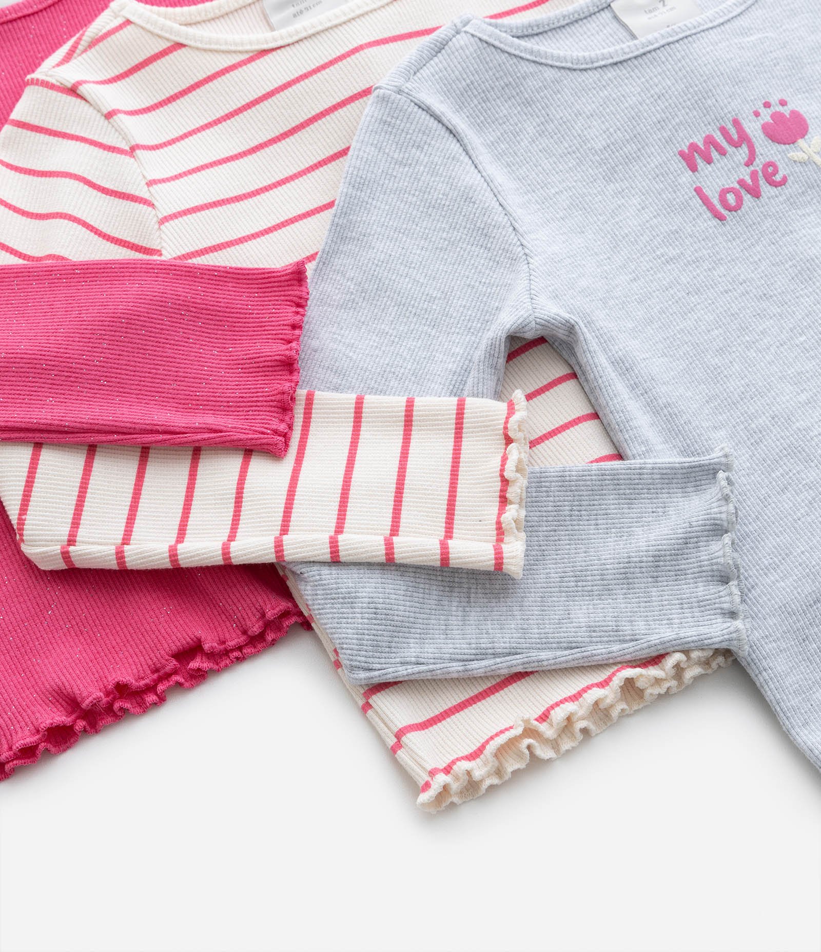 Kit 03 Blusas Infantil em Ribana de Manga Longa - Tam 1 a 5/6 Anos Cinza/Rosa/Bege 6