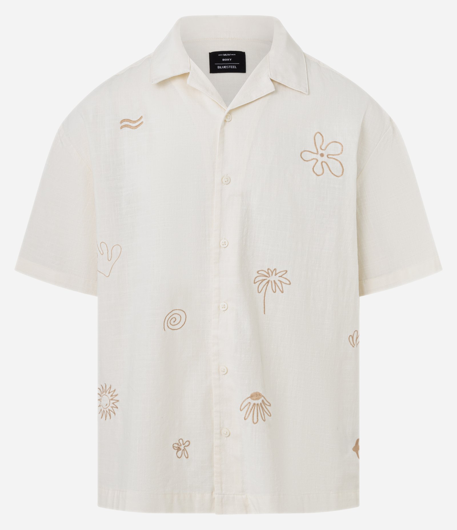 Camisa Boxy em Tricoline com Estampa Bordado de Verão Bege 5